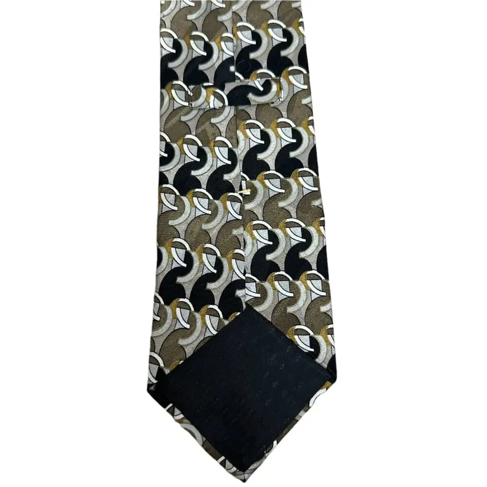 Vintage Oscar de la Renta 100% Silk Tie Geometric Pattern Black Gold Brown USA